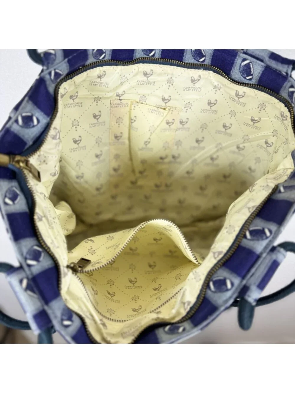 Farmhouse Is My Style Football Tote Rope Handles Blue Checkered Pattern Lined
